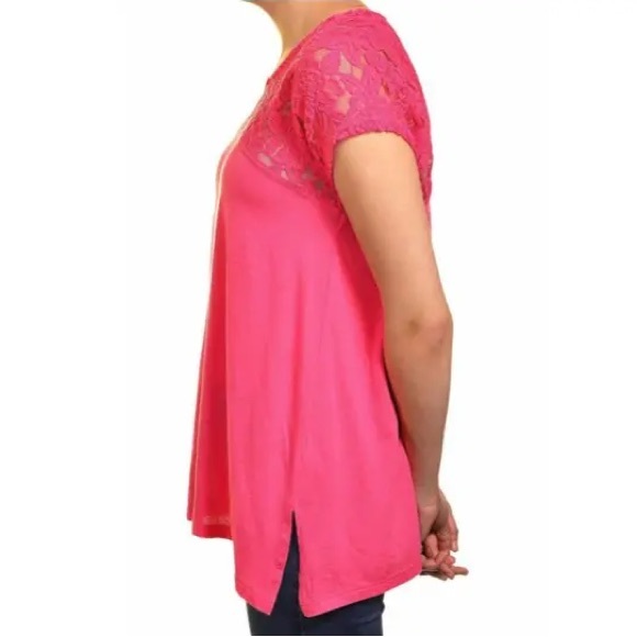 H&M Blouse Neon Lace Cap Sleeve Curved Hem Shift Straight Fit SZ 8/MED PINK NEW! - Picture 2 of 16